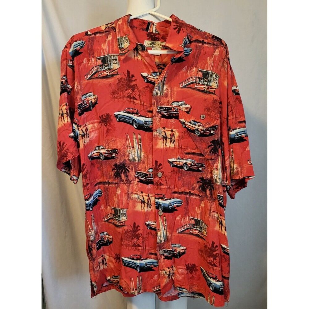 Joe Marlin Men's Hawaiian Button Down Shirt Size XL Short Sleeve Cars Red/Orange